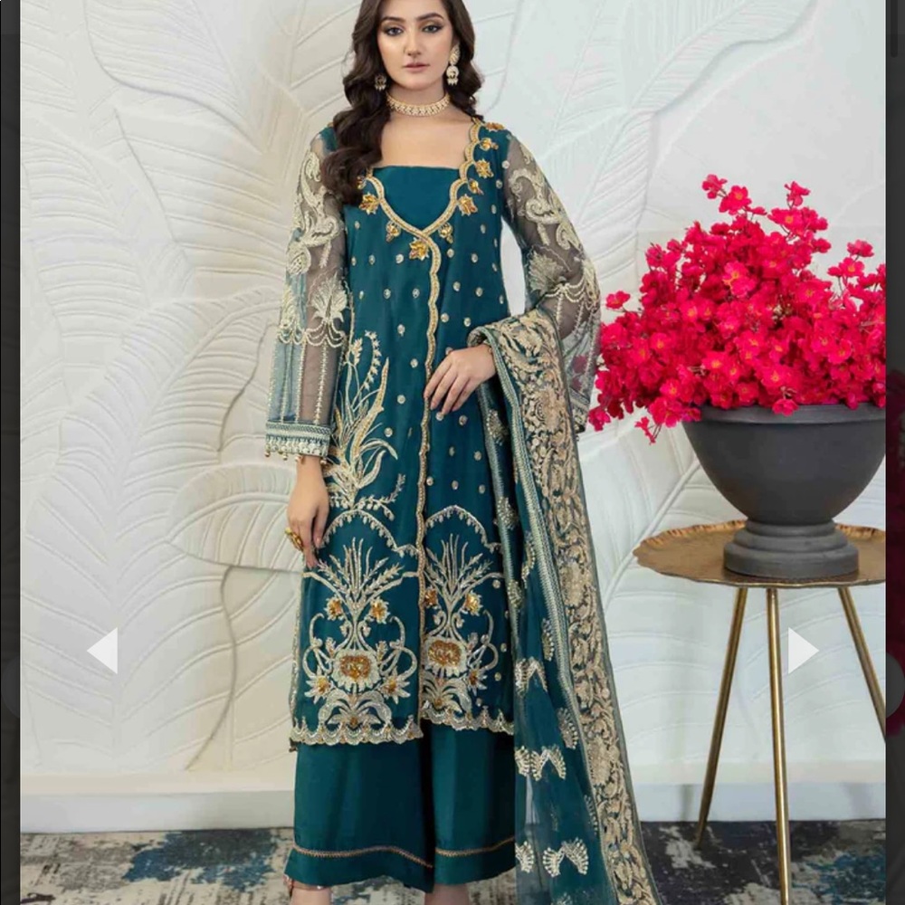 Zarposh Designer Green Gold Pakistani Indian Medium Suit Formal Sharara